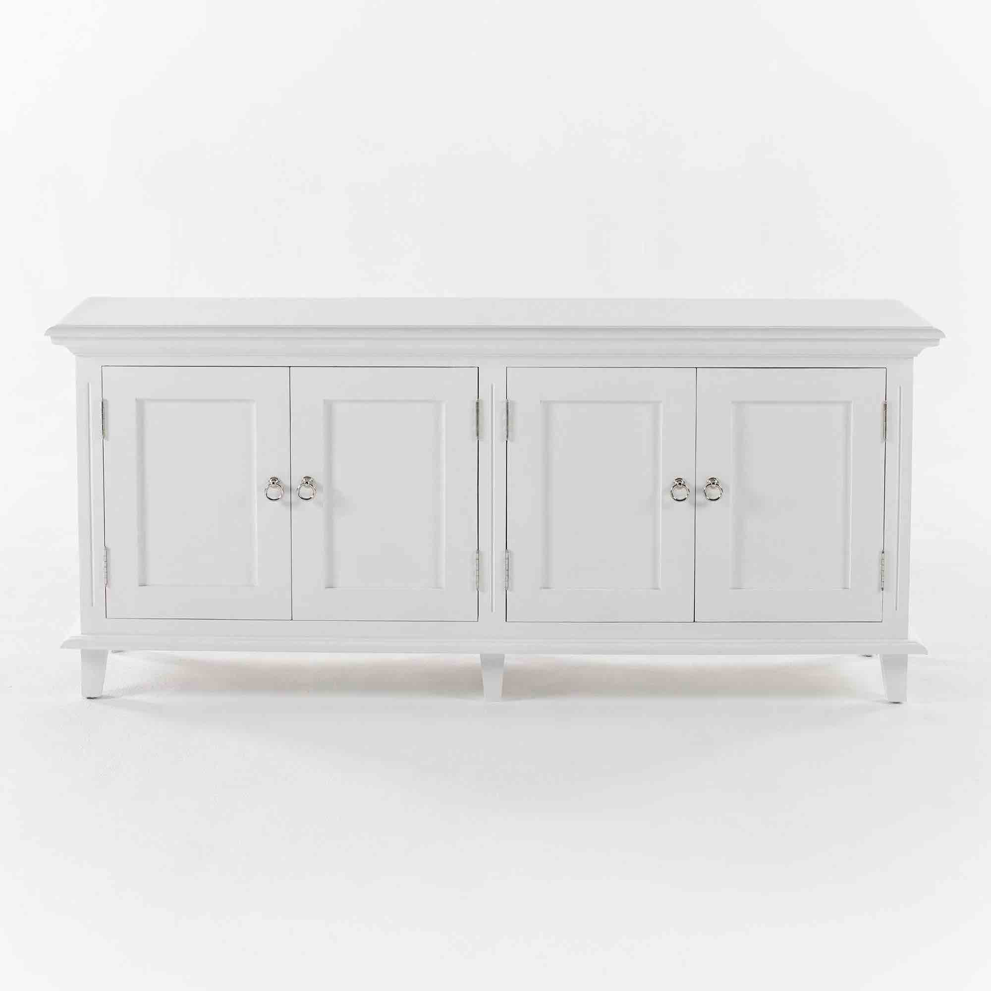 NovaSolo Skansen Buffet Table with 2 Single Shelf Cabinets, Mahogany Wood Painted White with Brass Silver Chrome Plated Knobs. 64.96” W x 15.75” D x 27.56” H 