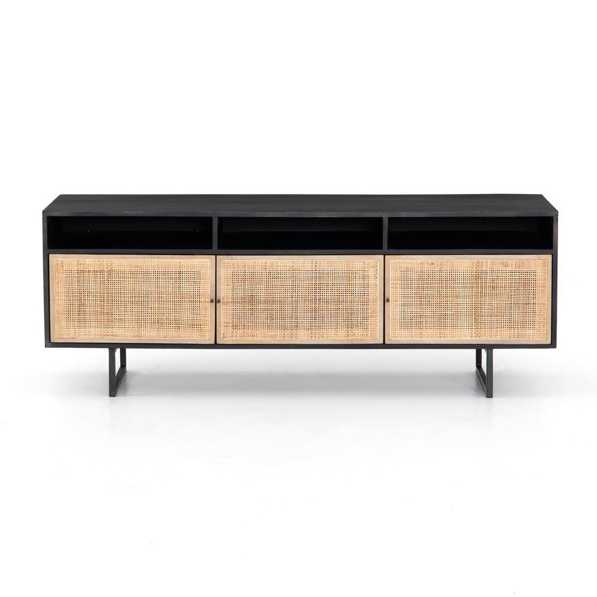Carmel Media Console, Black Painted Mango Wood with Woven Cane Doors, Iron Legs in Gun Metal Grey Included. 1” scratch on top edge, minor crack in door, otherwise beautiful condition. 65.00"w x 18.00"d x 24.00"h