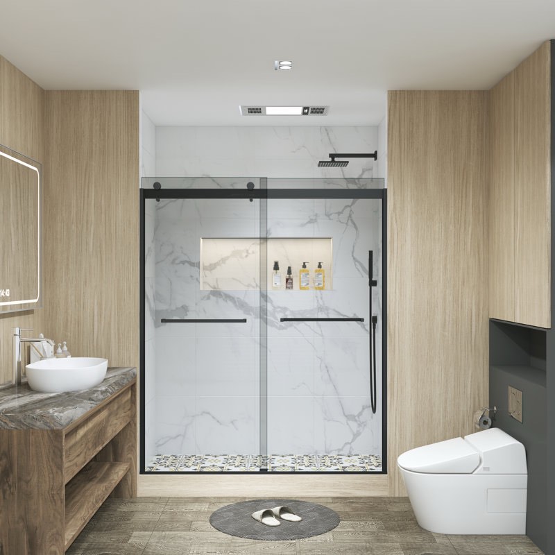 56" - 60'' W x 74'' H Double Sliding Door Frameless Shower Door with 5/16" Tempered Glass, Matte Black Hardware