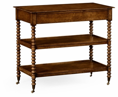 Jonathan Charles Tormarton Classic 3 Tier Acacia Wood End Table with Curved Bobbin Legs, 1 Drawer, Castor Wheels. 33" W x 17.75" D x 28.75" H