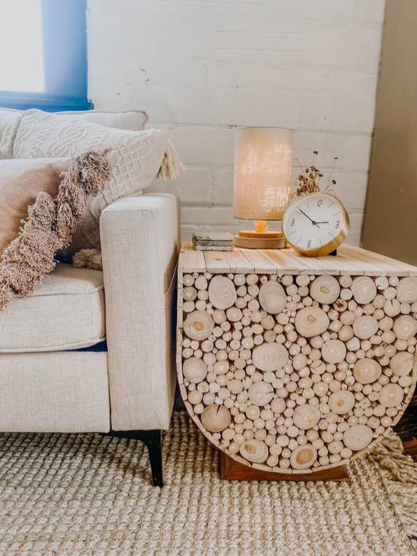 Harper Stacked Wood Accent Table, Handmade with Teakwood, Carved Base, Gently Whitewashed Finish. W: 19.5" | D: 19.5" | H: 20"