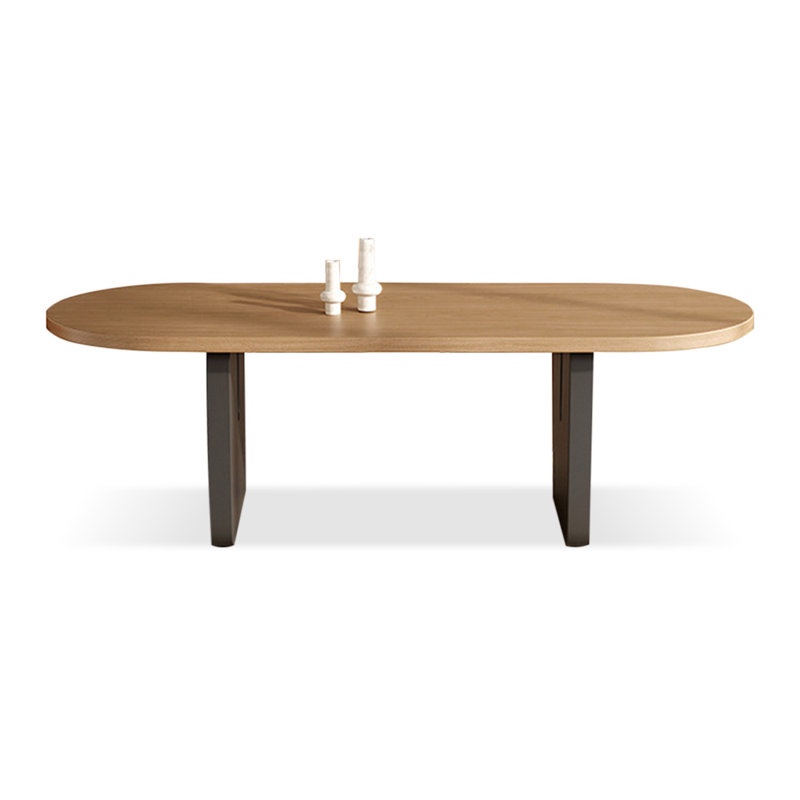 Scandinavian Oval Wooden Dining Table, Worn Oak Table Top with Square Metal Legs, 90” L x 43” W x 30” H. Legs and base unattached for easy transport