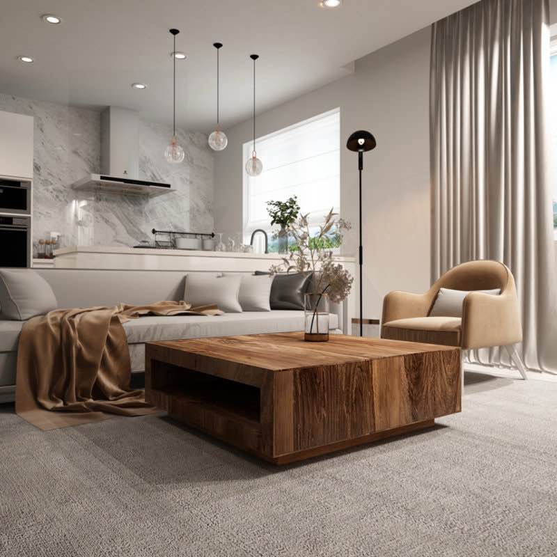 Low Profile Premium Solid Mango Wood Coffee Table with Open Shelf Storage, 13.77'' H X 37.40'' W X 37.40'' D