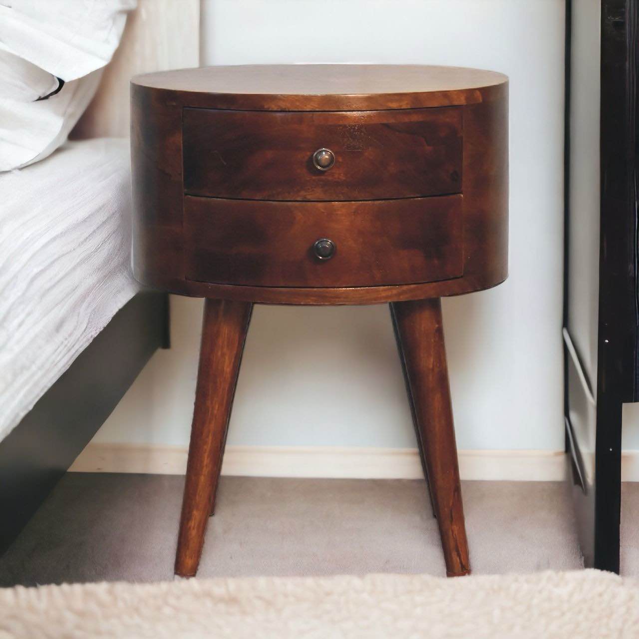 Artisan Furniture Odyssey California Walnut Bedside Table, 2 Small Drawers with Interior Stops, Brass Knobs, Minor cosmetic scratch on right side of drawer, otherwise beautiful condition 17.5” W x 14” D x 21” H