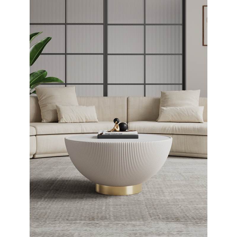 Thaine Coffee Table, Vegan Leather Fabric Line Tufted Base with Brushed Gold Metal Trim, Ceramic Marble Painted Table Top. 14.17'' H X 28.15'' W X 28.15'' D
