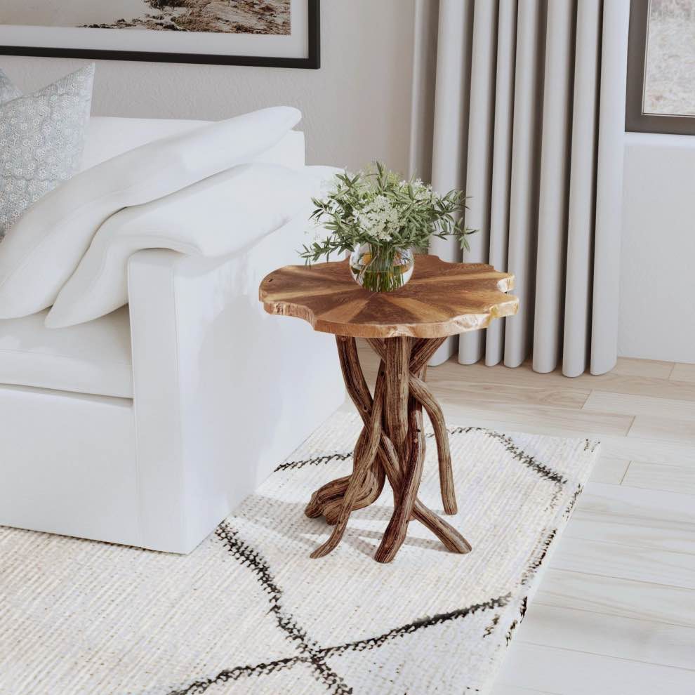 Lucille Natural Teak Wood Accent Table With Root Base, Sustainably Sourced All Natural Teak Wood, Natural Wood Grain Pattern and Leg Base. 19.5” W x 20.5” H