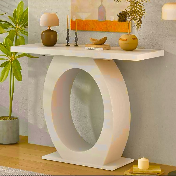 Mirod Stylish Modern Wood Console Table with Handcrafted Oval Base, Cream White Finish. Table top is unattached for easy transport, hardware is included. 32.5'' H X 39.4'' W X 15.7'' D
