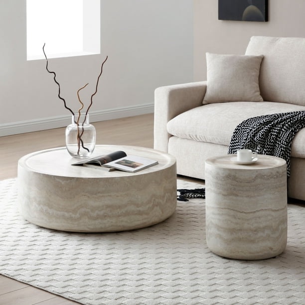 Kevinplus SET OF THREE Fiberglass Sand & Stone Color Marble Patterned Round Coffee Table Set, 2 End Tables, 1 Coffee Table