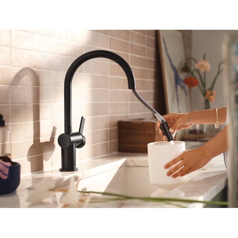 Moen Cia One-Handle High Arc Pulldown Kitchen Faucet with Power Boost Sink Hose. Missing hose Pulldown Hose and deck plates that can be replaced, otherwise great condition sink never before used.  