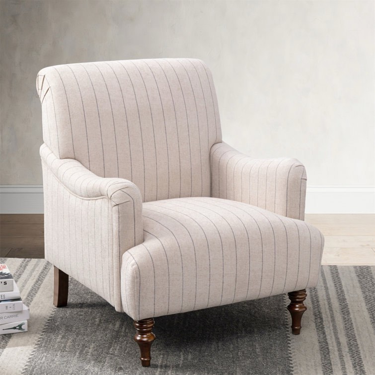 Swarttz Wide Tufted Arm Chair, Polyester in Oat with Grey Stripes, Carved Walnut Legs.