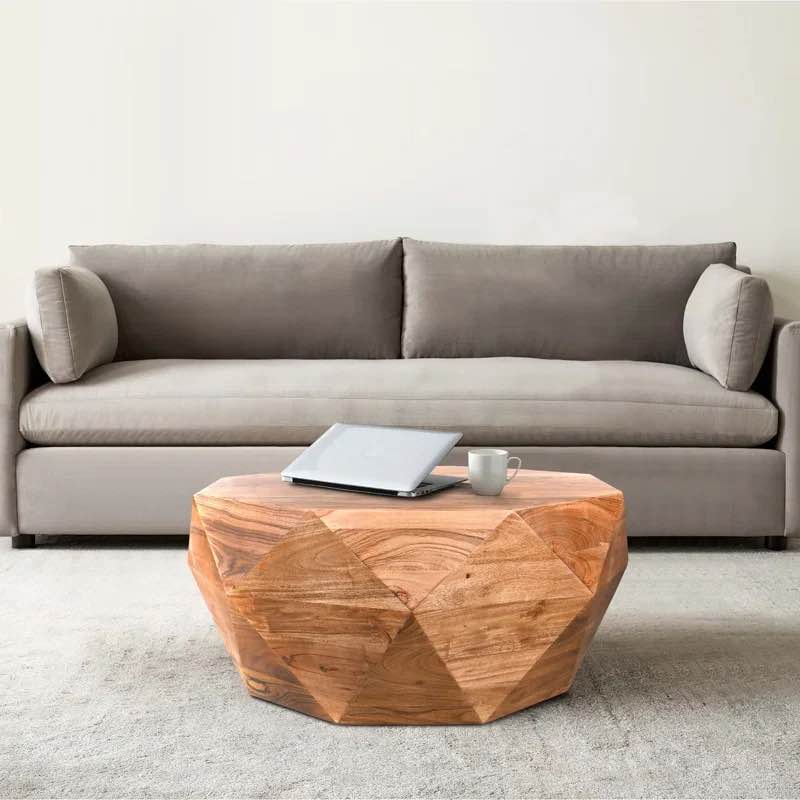 33 inch diamond shape dark brown acacia wood coffee table, octagonal shape, smooth top, 15'' h x 33'' w x 33'' d