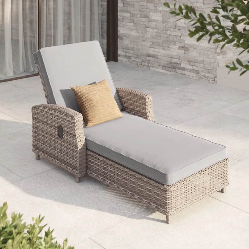 Alyeska Reclining Chaise, Oat Grey Wicker Chaise Lounge Chair with Sunbrella/Olefin Beige Cushions. Multiple Reclining Positions, Weather Resistant, Interior Steel Frame