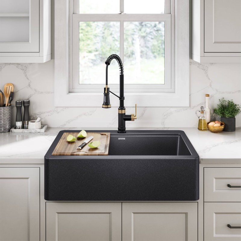 KRAUS Bellucci 33” Drop In Retrofit Farmhouse Single Bowl Granite Kitchen Sink in Black with Cutting Board
