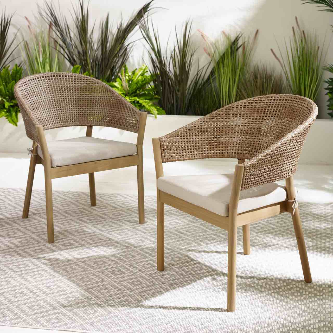 Asa Wood & Wicker Modern Outdoor Dining Chairs Set of 2, Light Teak Wood Frame, Weather Resistant Patio Cushions in Beige 