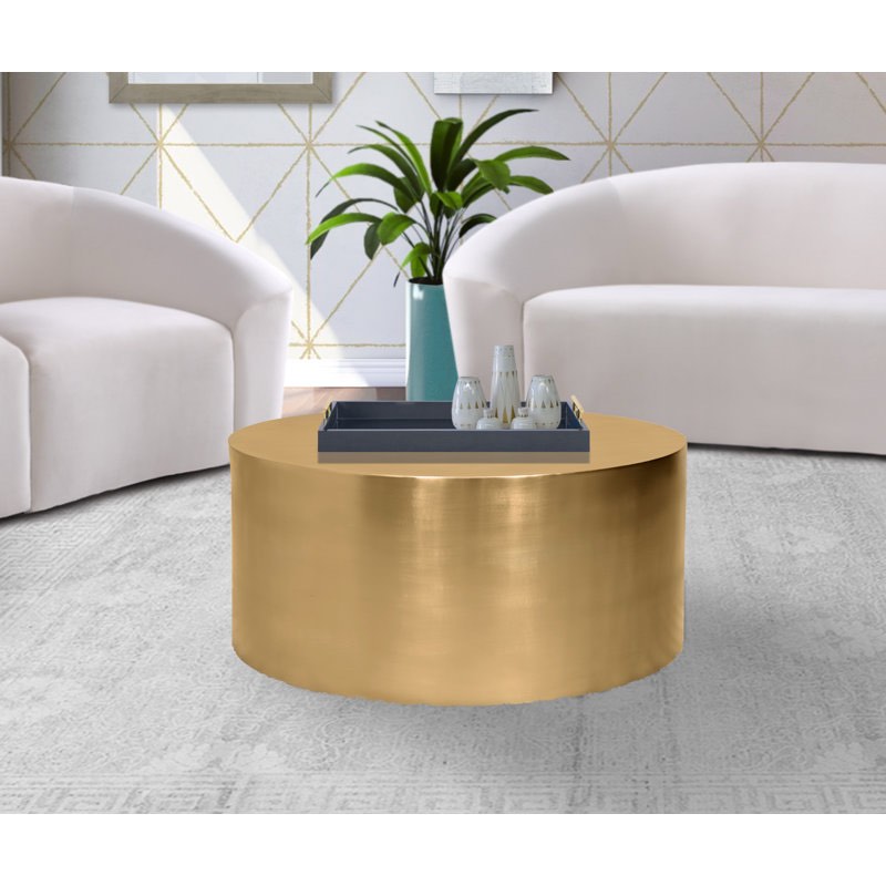 Elgin Drum Steel Metal Coffee Table in Brushed Gold, 16.5'' H X 32'' W X 32'' D
