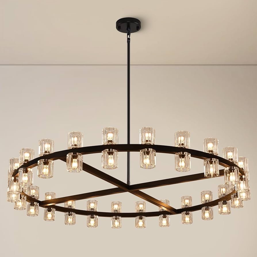 Modern Crystal 48in Large Black Round Wagon Wheel Chandelier, 48 Crystal Shades, 48"L x 48"W x 96"H