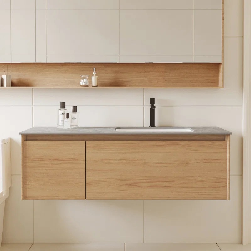 47.24 Single Walnut Wooden Wall Mounted Bathroom Vanity in Cinnamon, 2 Cabinets, Sink top sold separately.  15.75'' H X 47.24'' W X 19.69'' D