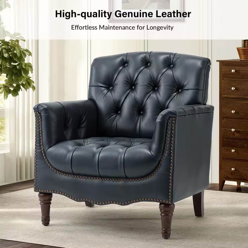 Annja Classic 32" W Tufted Genuine Leather Flared Arm Armchair in Navy Blue with Brushed Satin Gold Button Tufting. 