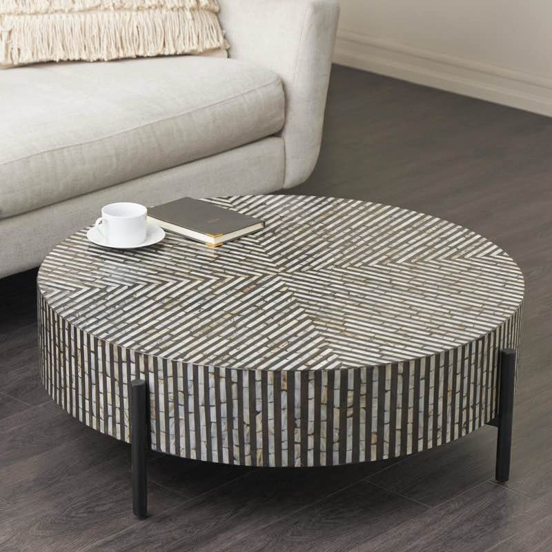 Maly Round Black Mosaic Coffee Table with Mother of Pearl, Metal Leg Base. Small chipping on edge, some cracking on side. 12.5'' H X 38.1'' W X 38.1'' D