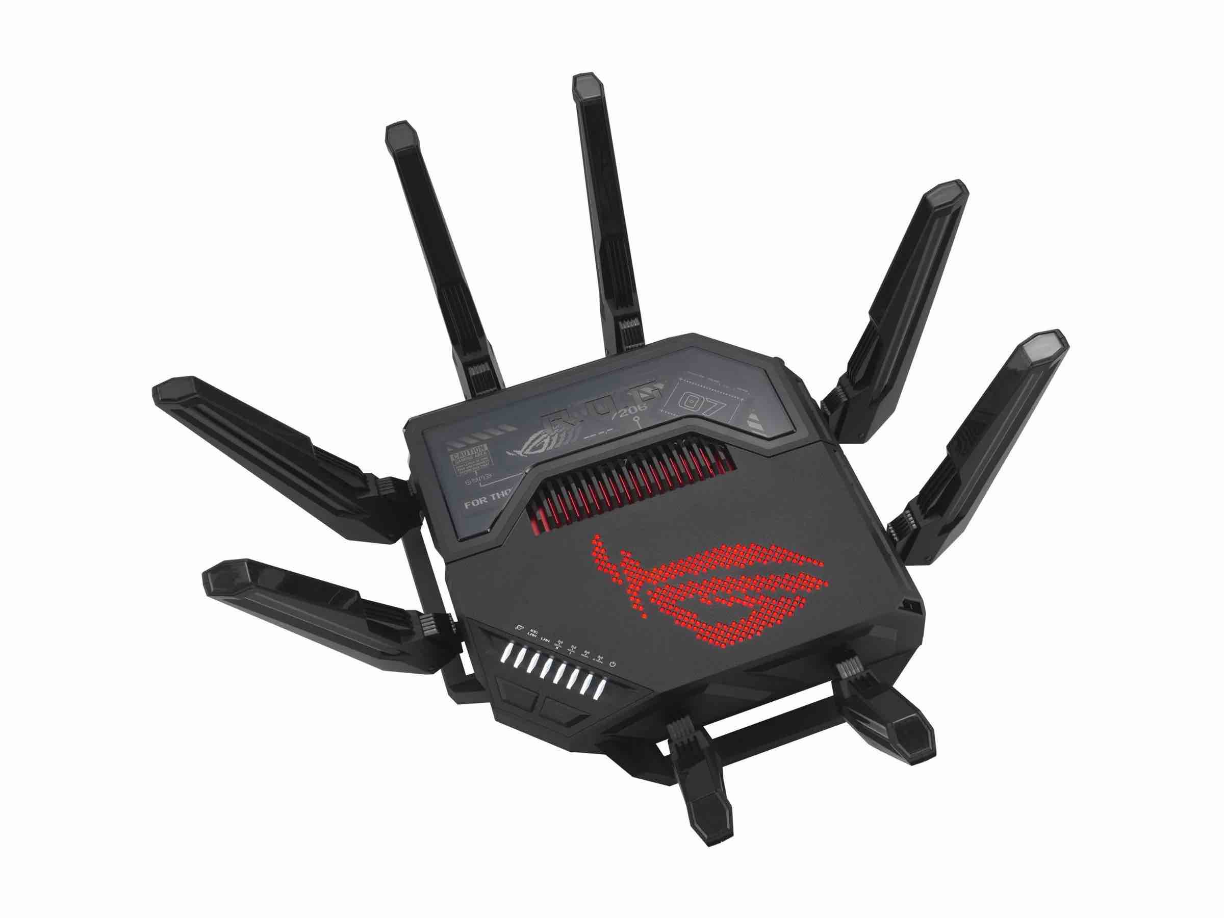 ROG Rapture GT-BE98 Pro Gaming Router, WiFi 7, WiFi 7 (802.11be) with new 320MHz channels in the 6 GHz band and 4096-QAM, Speeds of up to GBPS, 8 external dual-feeding antennas, dual 10G ports and quad 2.5G ports, advanced site-to-site VPN and the Instant Guard mobile. Subscription-free network security with commercial-grade AiProtection Pro powered by Trend Micro™, plus a one-tap security scan and Safe Browsing, Extendable Router with AIMesh. 30 Gbps quad-band Wi-Fi 7  Up to 2.4x Faster compared to Wi-Fi 6 / 6E*  Up to 2x Capacity with new 320 MHz bandwidth*  Up to 1.2x Transmission with enhanced 4K-QAM*