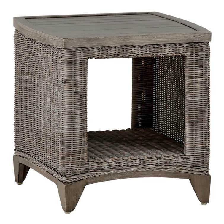 Astoria Woven End Table, Oyster Beige Wicker Side Table with Open Base Storage, Weather Resistant Resin Table Top in Sanded Brown Wood Grain, 21.5'' H X 21'' D X 21'' W. Set of 2
