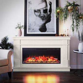 Ameriwood Home Elmcroft Traditional Wide Mantel With Linear Electric Fireplace, 37"H x 64"W x 10”D, Plaster. 