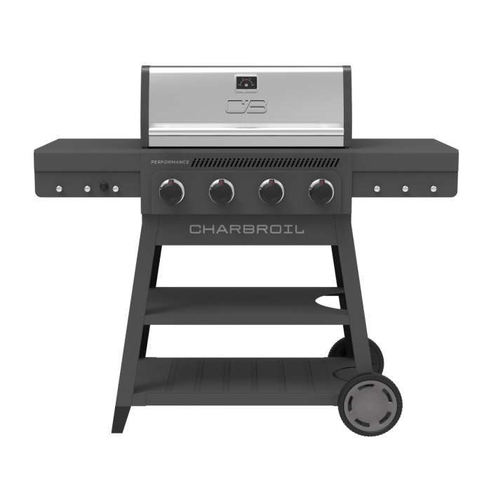 Charbroil Performance Series 4-Burner Grill Cart, LP Gas, FlavorMax Cooking System, 435 square inches of primary cooking space, accommodating up to 25 burgers. Includes a 130-square-inch swing-away warming rack, Porcelain-Coated Grates, Electronic Ignition, Side Shelf, and Wheels for Easy Transportation. 