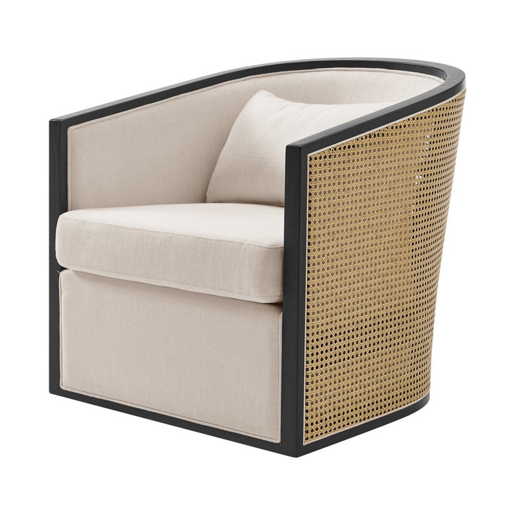 Marilyn Swivel Accent Arm Chair – Stylish Barrel-Back Design with Golden Brown Rattan and Nettle Wood Frame in Black, Linen Cushioning in Shortbread Beige