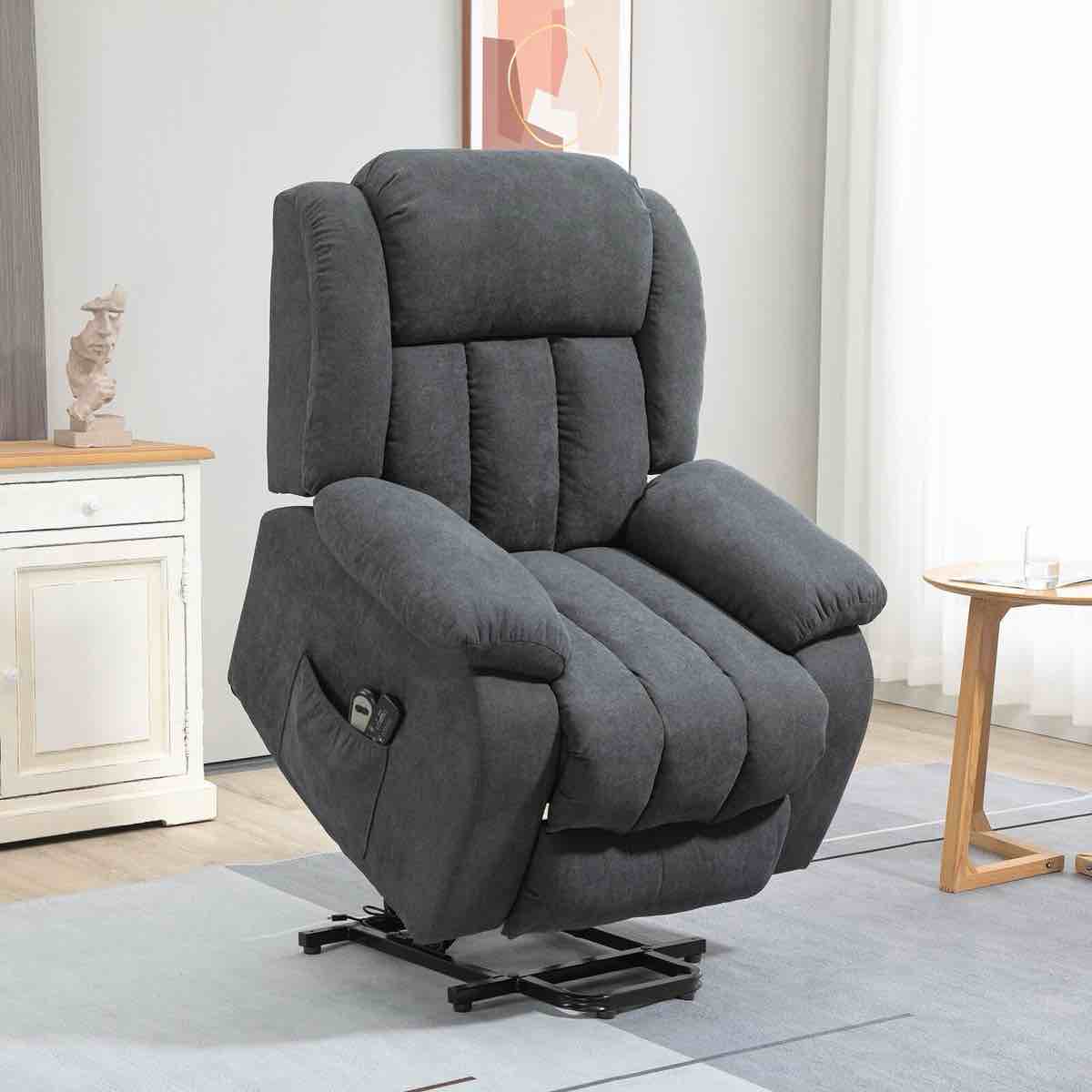 Elderly Big and Tall Linen Reclining Lift Chair in Dark Grey