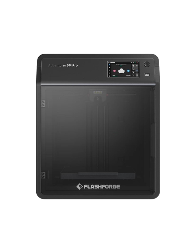 Flashforge Adventurer 5M Pro 3D Printer, Power Supply	AC100-120 / 200-240V, 50 / 60Hz, 350W Shell	Enclosed Other Functions	Camera monitoring: Filament run - out reminder; Automatic shutdown; Power loss recovery Extruder	Direct drive; Qty: 1 Extruder Temperature	280 ° C Speed	Max travel speed: 600mm / s Display Screen	4.3 - inch Compatible Slicing Software	FlashPrint 5 / Orca - Flashforge / Orca Slicer Noise	Low - noise mode: 50dB; Standard mode: 55dB Filament	* PLA / * PETG (0.4mm nozzle) , ABS / ASA, * TPU / PLA-CF / PETG - CF (0.6 / 0.8mm nozzle) Platform Temperature	100 ° C Acceleration	Max acceleration: 20000mm / s² Device Size	380 * 400 * 453mm (excluding the spool holder) Air Filtration	Internal circulation + external circulation (HEPA + activated carbon) Connectivity	Wi - Fi; Ethernet; USB
