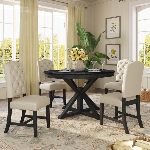 Functional Furniture Retro Style Dining Table Set, Extendable Table and 4 Upholstered Chairs. Rubberwood Table and Chair Frames, OffWhite Soft Linen Cushioning. 