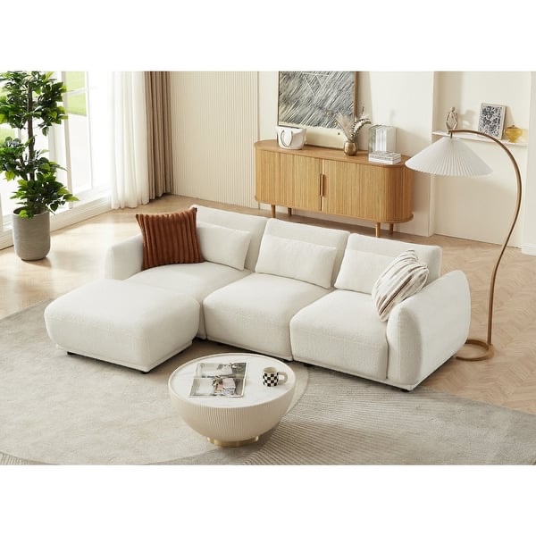 Comfy Lambswool Sectional Couch. 3 Seater Modular Sofa with Ottoman, Boucle Wool Fabric in White, Pillows Included. 4 Boxes Total