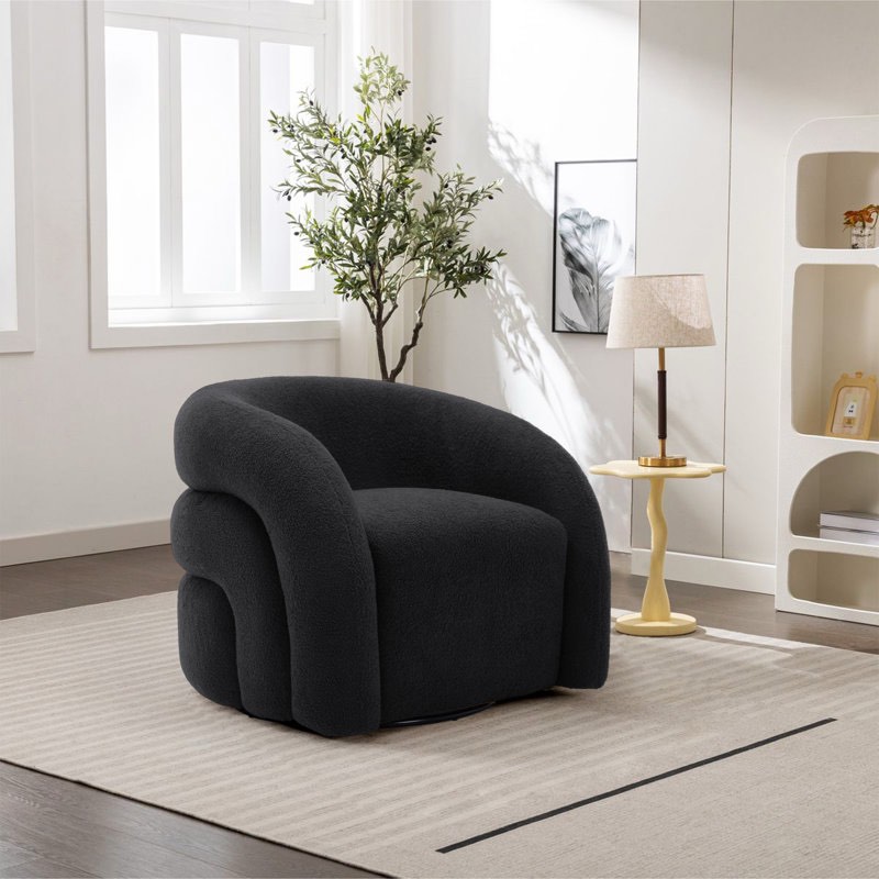 Aunna Black Boucle Upholstered Swivel Barrel Chair, Polyester Fabric, Modern Design. Buy and repair- Great quality accent chair, needs left arm reattached.   