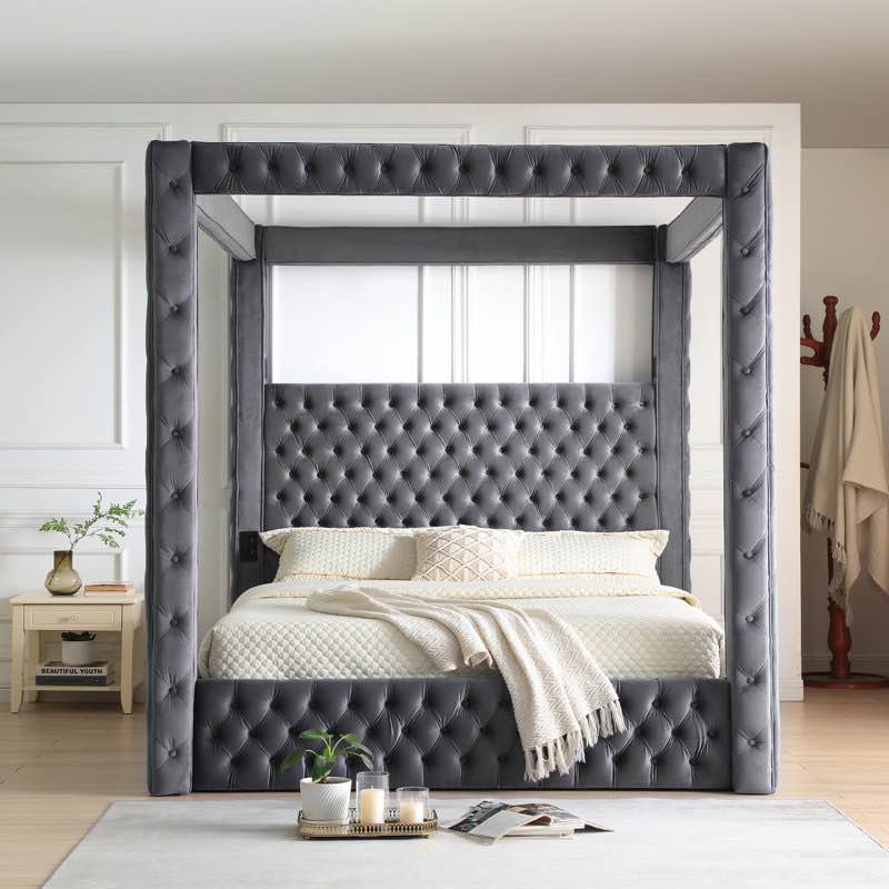 Featured Item!!! King Size Megghan Luxurious Velvet Grey Upholstered Canopy Bed 