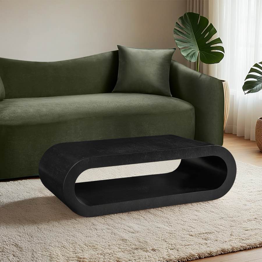 Meridian Sono Contemporary Black Oak Wood Coffee Table with Rounded Corners and Open Base. Overall Width:	 52" Overall Depth:	 25" Overall Height:	 16", Left corner has some chipping, can be resurfaced/repainted. 