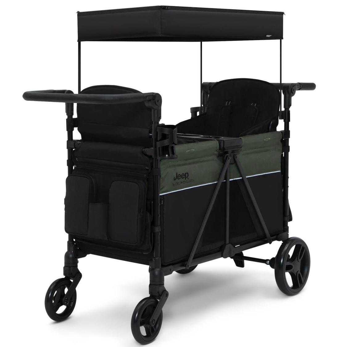 Jeep Wrangler Deluxe 2 Seater Stroller Wagon by Delta Children - Premium Double Stroller Wagon for 2 Kids with Convertible Seats, Adjustable Push/Pull Handles, Removable Canopy & Flat Fold, Grey