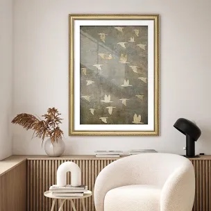 " Golden Birds In Flight Illustrations Impressionism Gold Framed Wall Art Decoration "