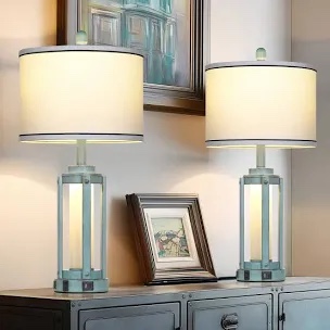 25" Latwanda Table Lamp Set With Night Light And USB Ports green