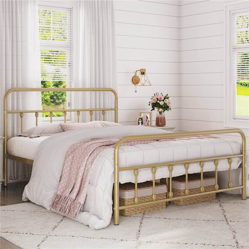 Classic Iron Platform Bed with High Headboard and Footboard Full