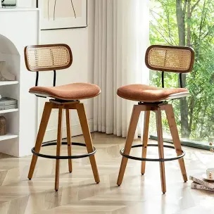 26" Rattan Bar Stools Set of 2, Faux Leather Counter Height Swivel Barstools with Rattan Backrest/Wooden Legs,Armless Mid Century Modern Bar Chairs for Kitchen/Dining Room/Bar