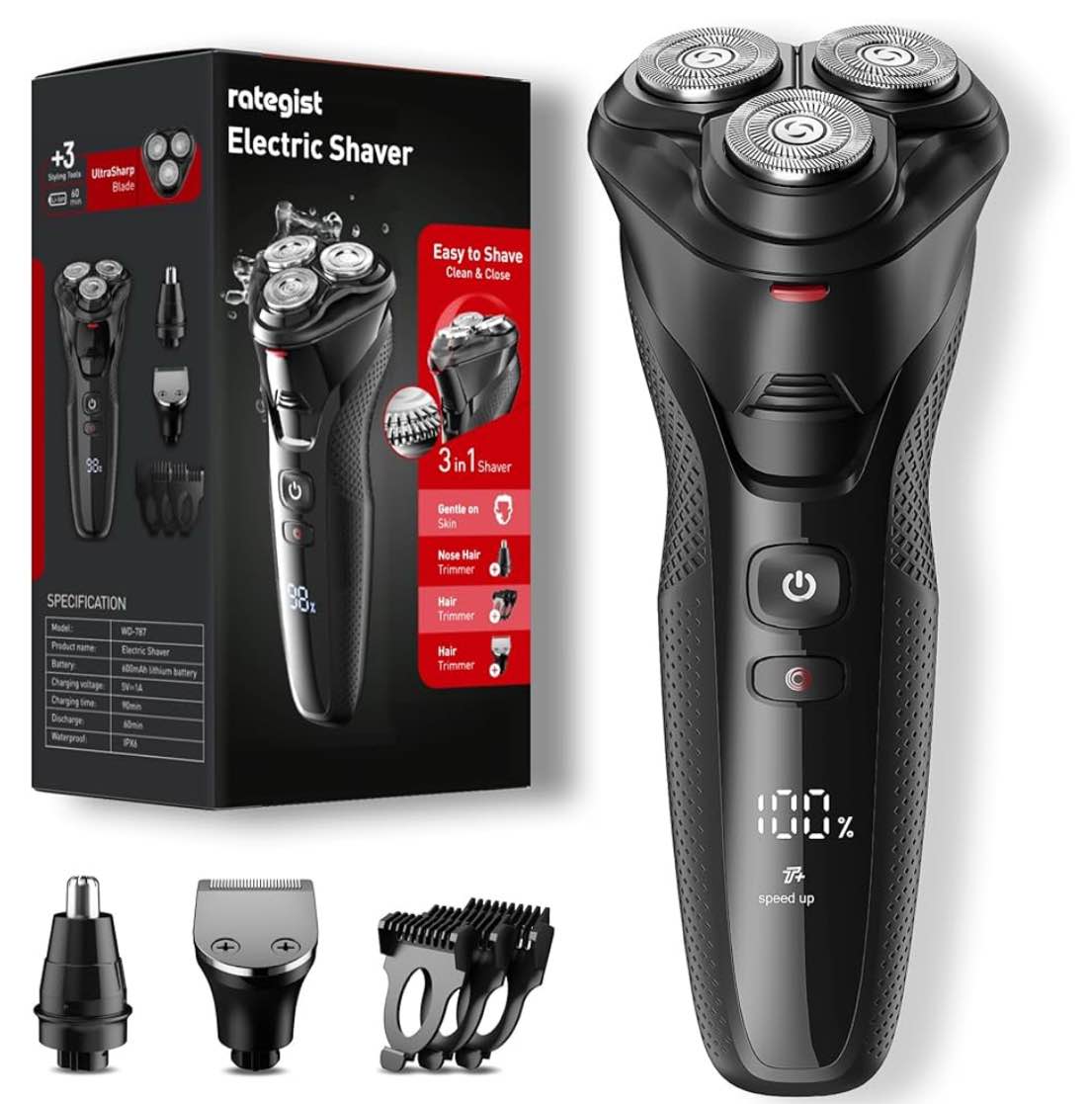 Electric Razor for Men, rategist Rechargeable Shaver, Waterproof Wet Dry Cordless, Adjustable Speeds, with Nose Hair Trimmer