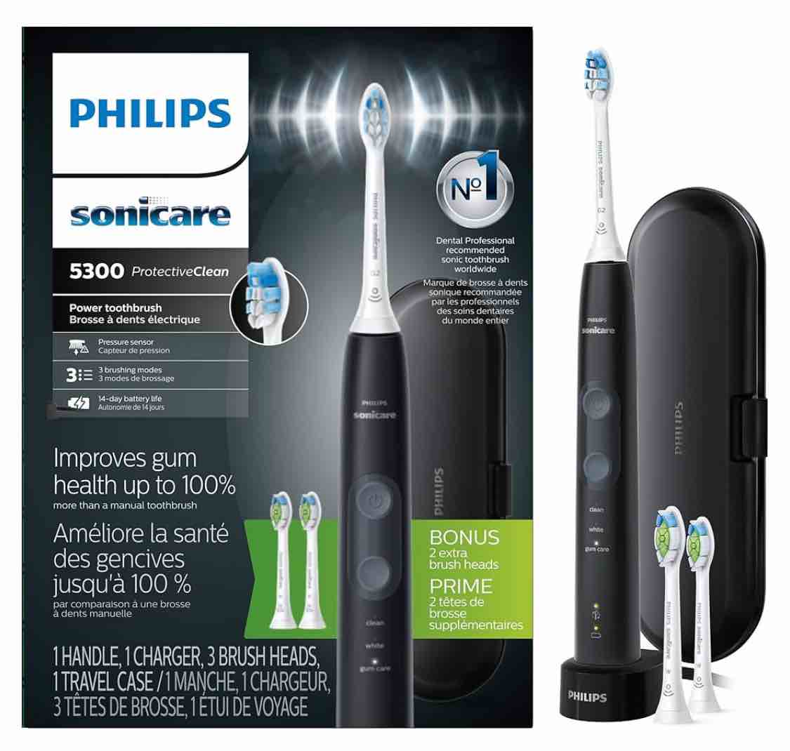 Philips Sonicare ProtectiveClean 5300 Rechargeable Electric Toothbrush, with Pressure Sensor, 3 Cleaning Modes, SmarTimer and QuadPacer, with 2 Bonus Brush Heads, Travel Case, Black, Model HX6423/34