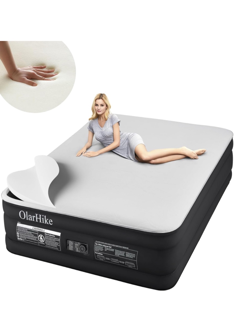 OlarHike Signature Collection Queen Air Mattress with Built in Pump,18” Luxury Air Mattress with Silk Foam Topper for Camping, Home & Guests, Fast & Easy Inflation/Deflation Airbed Black