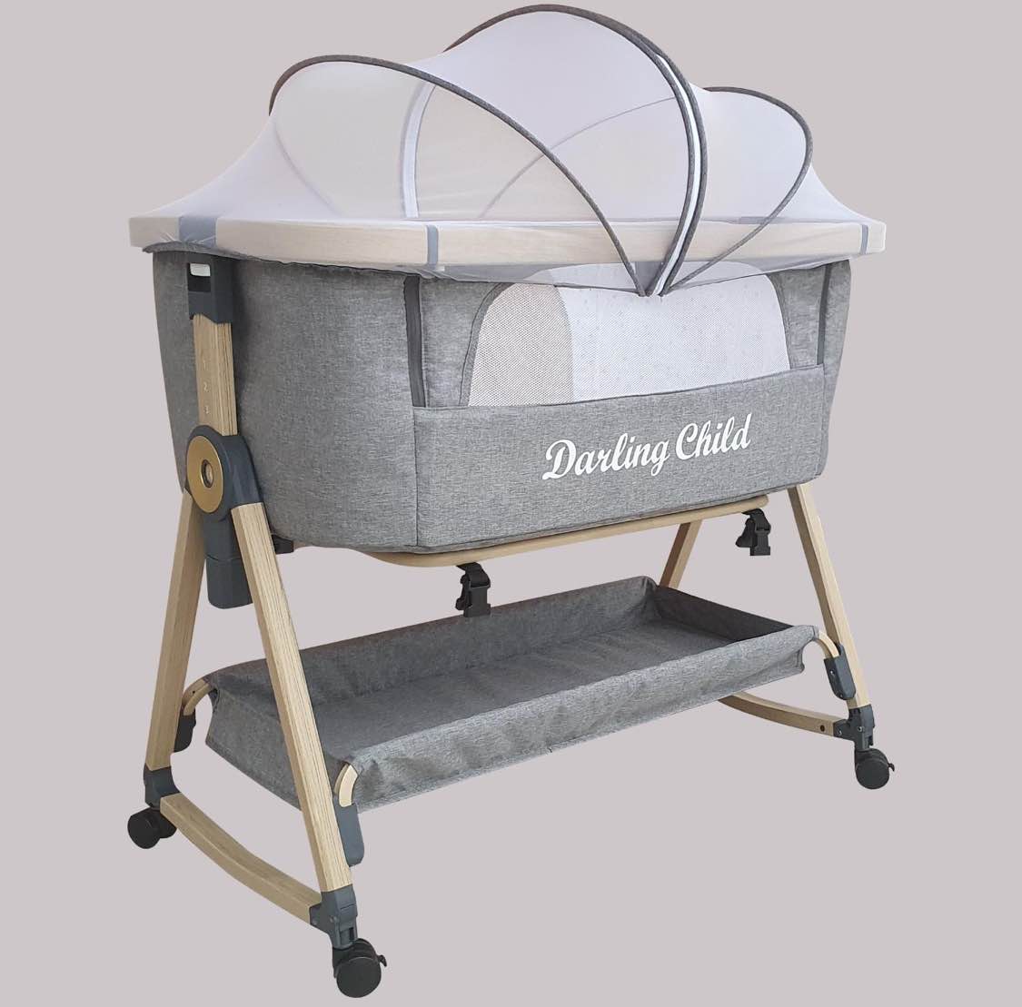 Portable Newborn Baby Bassinet Crib, 3-in-1 Convertible Cot: Bedside Co-Sleeper in Bed, Rocking Cradle & Rolling Bassinet for Baby. Foldable Mini Crib with Wheels, Mattress & Mosquito Net. Wood Finish