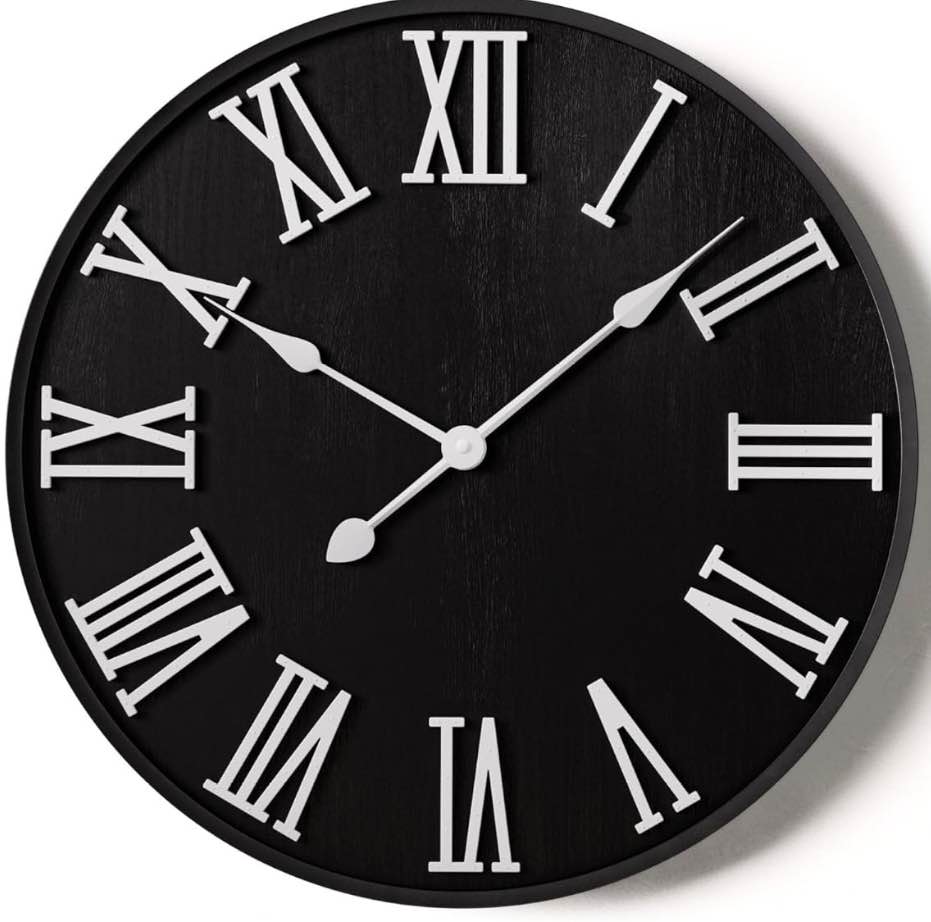 Large Wall Clock 16" Round - Silent Metal & Wood Large Clock - Farmhouse Wall Clock Large - 16 Inch Wall Clock For Living Room Decor - Big Wall Clock Roman Numerals - Wall Clocks For Living Room Decor 16-inch Black
