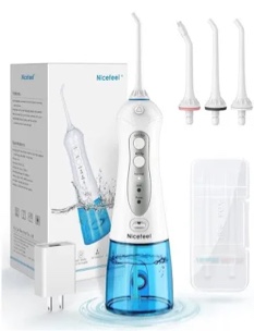 Cordless Water Flosser Teeth Cleaner, Nicefeel 300ML 2 Tip Cases Portable and USB Rechargeable Oral Irrigator for Travel, IPX7 Waterproof, 3-Mode Water Flossing with 4 Jet Tips for Home Blue