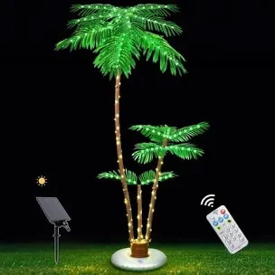 OUSHENG Solar Lighted Palm Trees for Outside Patio, Bar Pool Deck Outdoor Decorations Decor, Light Up LED Artificial Fake Tree Lights for Yard Tropical Party Christmas