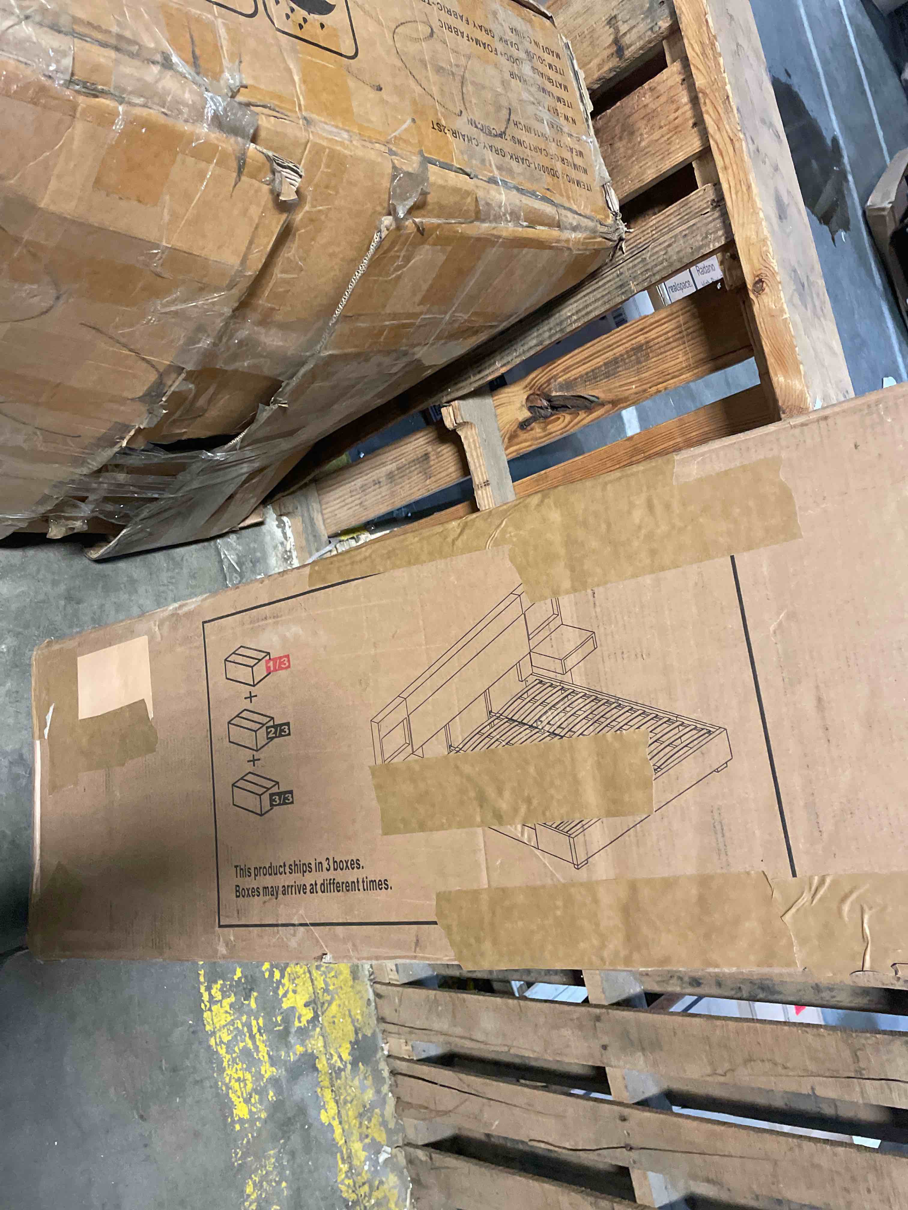 Condition photo showing As Is for king size wood bed frame with built-in nightstands, linen platform bed frame with 2 drawers, natural wood grain & luxury upholstered storage headboard, no box spring needed, easy assembly, cream (incomplete only box 3 of 3)