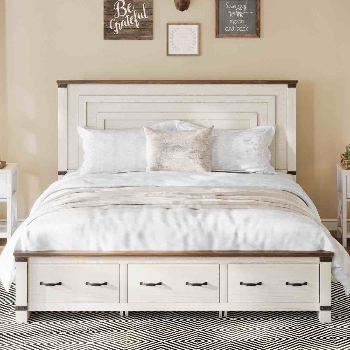 Farmhouse Wood Platform Bed Frame With 54" Tall Geometric Headboard & Footboard(Incomplete Box 2 C)