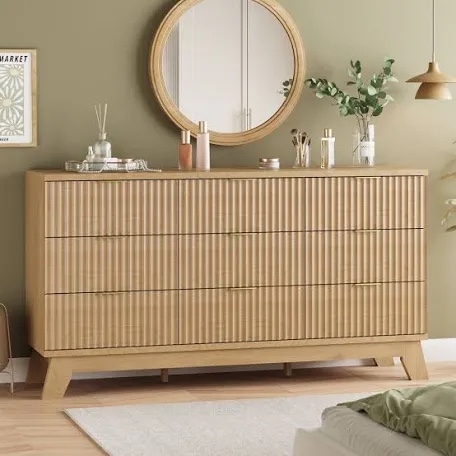 fluted 9-drawer dresser 57"w wood wide chest of drawers(box 1 of 2 only)